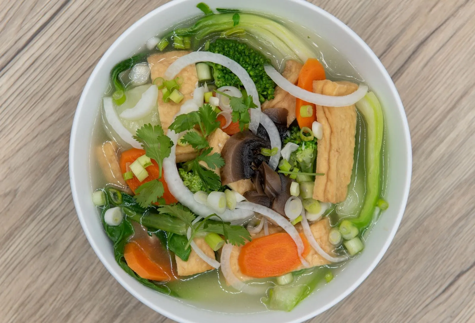 Clear vegetable tofu soup with broccoli at Thanh Binh, a Vietnamese Restaurant in Lake Forest