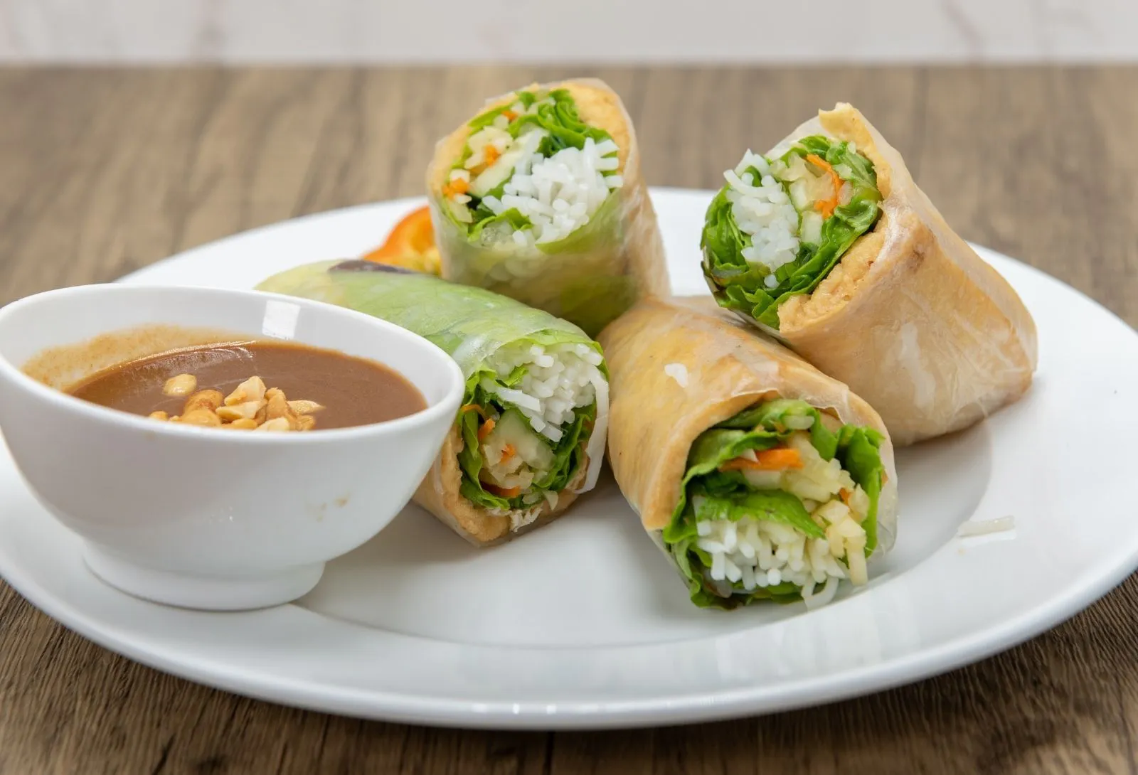 Fresh vegetable spring rolls with peanut sauce at Thanh Binh, a Vietnamese Restaurant in Lake Forest Fresh vegetable spring rolls with peanut sauce at Thanh Binh, a Vietnamese Restaurant in Lake Forest